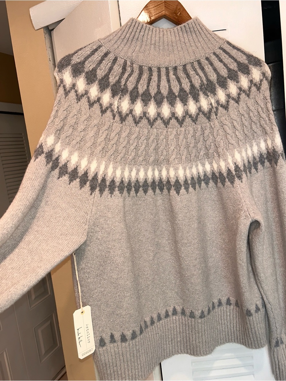 Artelier Nicole Miller Gray & Cream Fair Isle Mock Neck Sweater